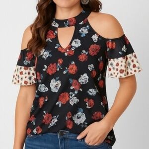 Daytrip Buckle Floral Cold Shoulder Keyhole Blouse Black Red Boho L